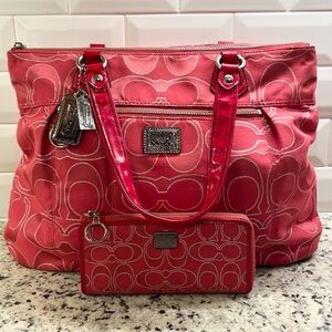 Coach Poppy Ruby Pink Signature Canvas Tote EUC & Wallet Set EUC